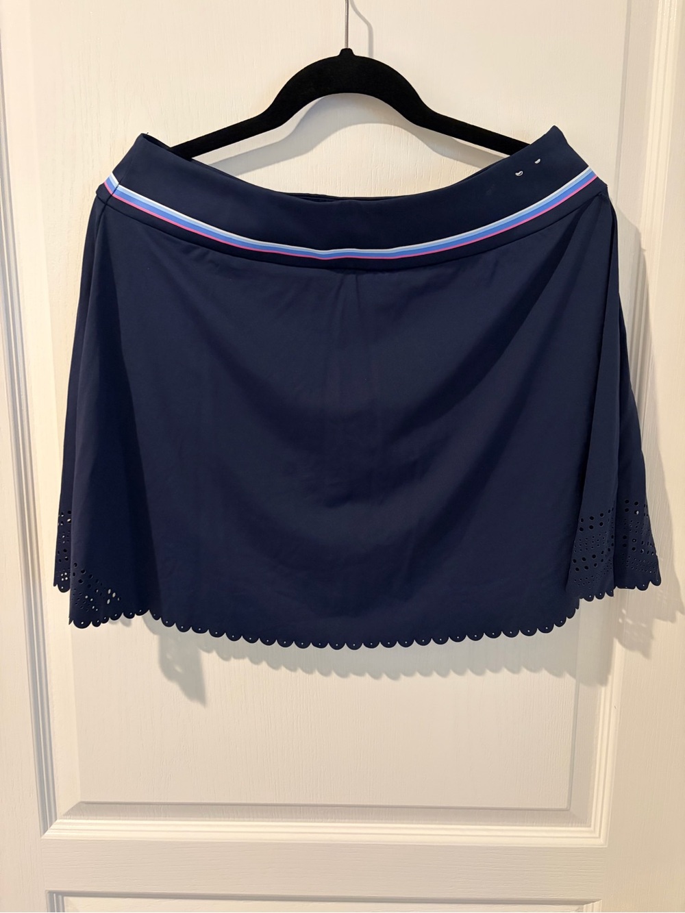 RBX Navy Skort with Multicolor Striped Waistband and laser cut skirt trim